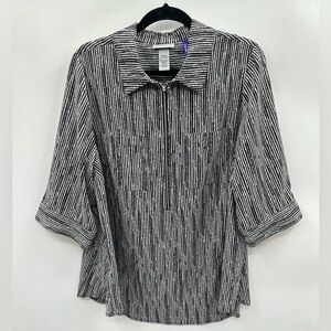 CATHERINES 14/16WP black-white 1/2 zip popover poly plus size coastal blouse